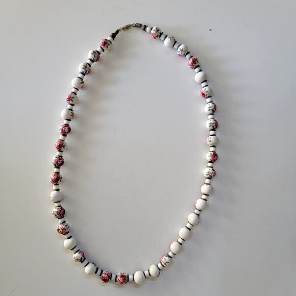 Vintage Floral Beaded Necklace, Hand-Painted Ceramic Beads with Pink Rose Design - Picture 1 of 10